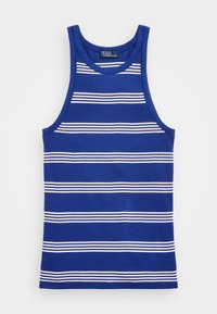 Top blu con strisce bianche orizzontali, realizzato in un tessuto a costine, con scollatura rotonda e ampi fori per le braccia.