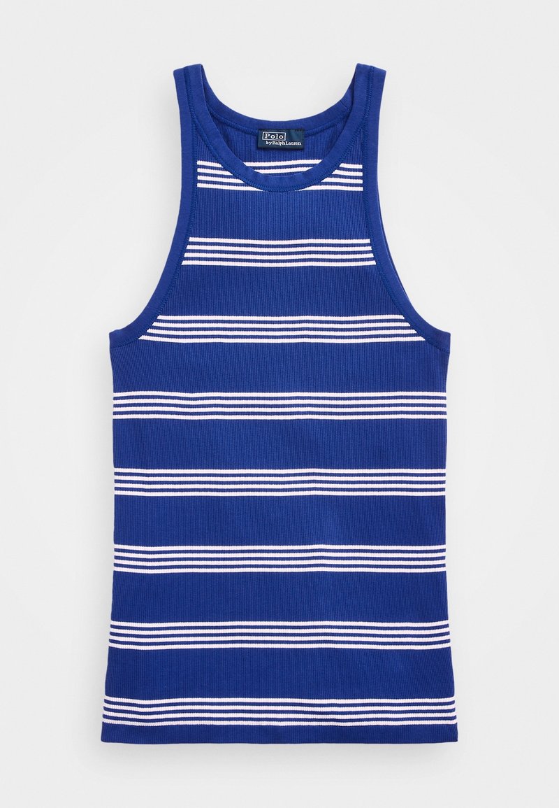 Top blu con strisce bianche orizzontali, realizzato in un tessuto a costine, con scollatura rotonda e ampi fori per le braccia.