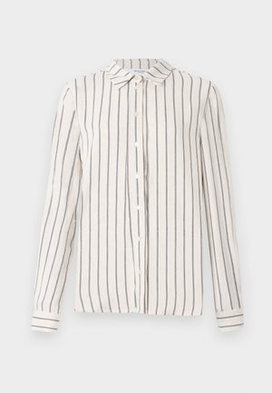 Light beige button-up shirt with vertical navy stripes, featuring a classic collar, long sleeves, and a straight hemline. Made from lightweight fabric.