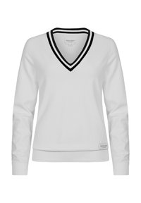Weißer V-Ausschnitt-Pullover mit schwarz-weiß gestreiftem geripptem Kragen, langen Ärmeln, gerippten Bündchen und einem kleinen Markenzeichen am Saum.