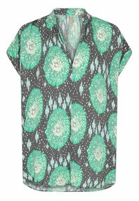 Koszula krótko rękawowa w szarym materiale z dużymi zielono-białymi wzorami kwiatowymi, luźny krój i wycięty kołnierz.