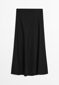 Black midi skirt made from soft fabric, featuring an elastic waistband and a smooth, flowing silhouette. No patterns or embellishments.