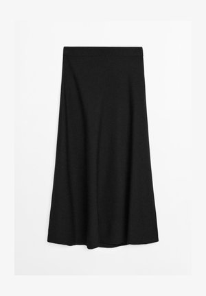 Svart midikjol tillverkad av mjukt tyg, med resårmidja och en slät, flödande siluett. Inga mönster eller dekorationer.