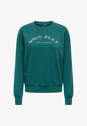 Teal crewneck sweatshirt with "ONLY PLAY" in camo print and "LIVE THE MOMENT" printed below on the front, long sleeves with ribbed cuffs.