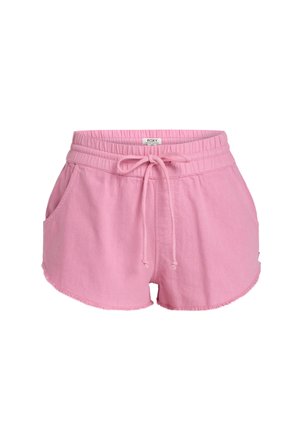 Shorts en coton rose avec une taille élastique, cordon de serrage et poches avant. Dotés d'un ourlet effiloché et d'une coupe décontractée.