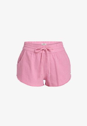 Rosa Baumwollshorts mit elastischem Bund, Kordelzug und frontalen Taschen. Mit fransigem Saum und lockerer Passform.