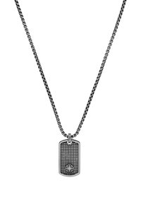 Colgante de placa de perro de plata en una cadena metálica con un patrón de cuadrícula texturizada y un acento de estrella circular en la parte inferior.