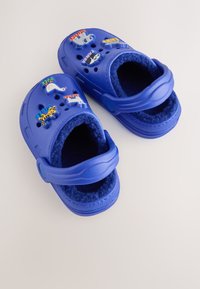 Sinised plastist libistatavad klotsid karvase sisemusega. Varustatud kahe reguleeritava rihmaga ning värvikate loomateemaliste kaunistustega peal.