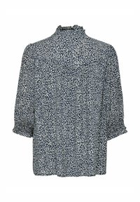 Blouse bleu marine avec un motif imprimé léopard, col montant et manches smockées. Tissu léger avec des plis dans le dos.