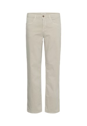 Beežid sirge lõikega püksid esitaskute, vööaasade ja vöökoha nupuga sulgemisega, valgel taustal kujutatud.