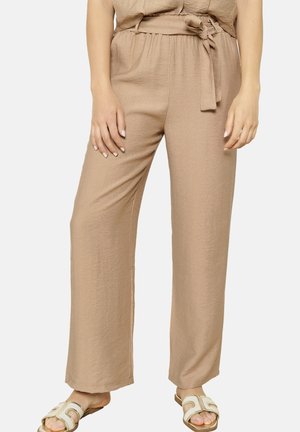 Beige, wide-leg trousers made from a textured fabric, featuring a belted waist and a relaxed fit. Paired with light sandals.