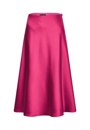 Gonna midi in raso rosa brillante con una texture liscia e una leggera svasatura, caratterizzata da un piccolo dettaglio ad anello in vita.