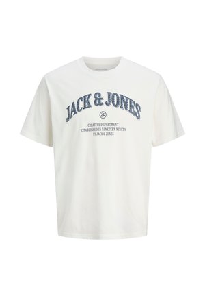 Valkoinen lyhythihainen t-paita pyöreällä pääntiellä, jossa siniset kirjaimet "JACK & JONES" ja lisäteksti tummanharmaana. Pehmeää puuvillamateriaalia.