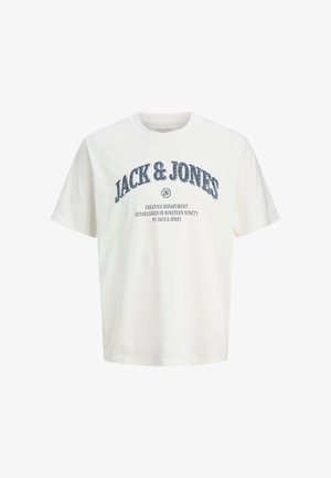 Valkoinen lyhythihainen t-paita pyöreällä pääntiellä, jossa siniset kirjaimet "JACK & JONES" ja lisäteksti tummanharmaana. Pehmeää puuvillamateriaalia.