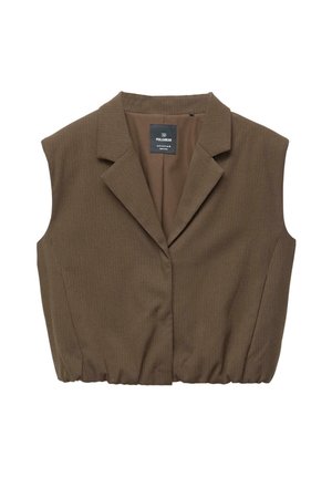 Brown sleeveless blazer with a notched collar, pinstripe pattern, and gathered hem. Tag visible inside collar shows brand name, Pull&Bear.