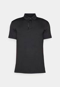 Black polo shirt made from smooth, lightweight fabric. Features a standard collar, short sleeves, and a buttoned placket with subtle details.