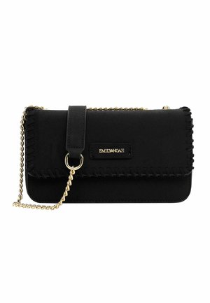 Black clutch bag made of smooth material, featuring a chain strap, stitched accents, and a branded plaque with gold hardware.