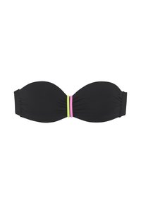 Black bandeau bikini top featuring gathered fabric and three accent bands in pink and green at the center, seamless design, smooth texture.