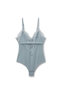 Lichtblauwe bodysuit met kantdetail bij de halslijn en het midden. Verstelbare bandjes en drukknopen aan de onderzijde. Zachte stof textuur.