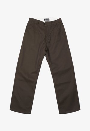 Pantalon en coton marron avec une coupe droite, comportant deux poches avant et une fermeture éclair. Le tissu a une texture lisse et un léger éclat.