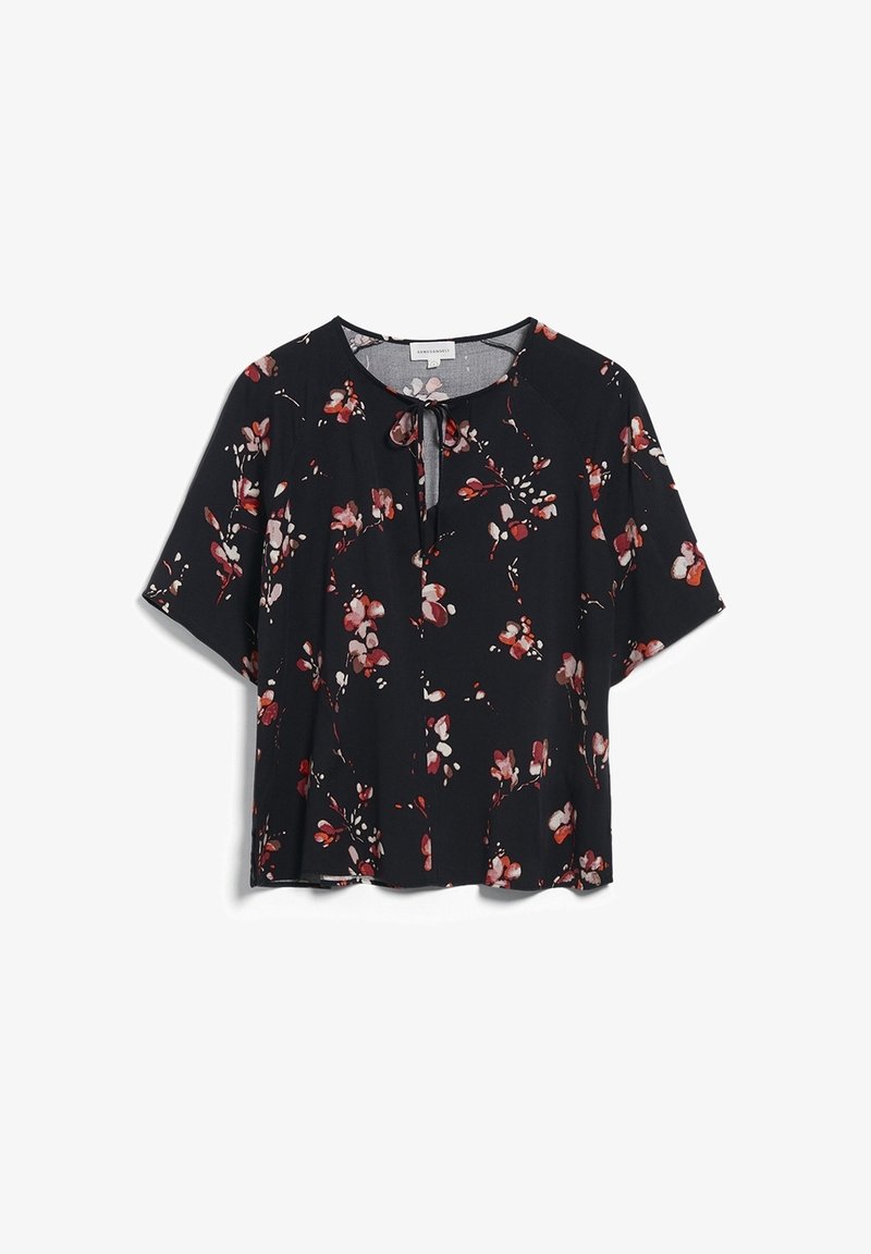 Schwarze Bluse mit kurzen Ärmeln und floralem Muster in Rot und Pink. Verfügt über einen Schlüssellochausschnitt mit einer Bindung und ein lockeres Design.