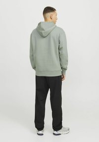 Sweat à capuche vert avec cordon de serrage, poignets côtelés et ourlet. Associé à un pantalon noir ample et des baskets grises. Vue arrière montrée.