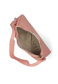 Roze leren schoudertas met een gladde textuur, bovenste rits en een enkele schouderband. Binnenin is er een beige stof, die voldoende opbergruimte biedt.