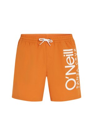 Pantaloni da bagno arancioni con cintura elastica e cordino bianco. Presentano un grande logo e testo bianchi sul lato sinistro. Tessuto liscio.