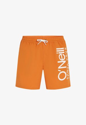 Pantaloni da bagno arancioni con cintura elastica e cordino bianco. Presentano un grande logo e testo bianchi sul lato sinistro. Tessuto liscio.
