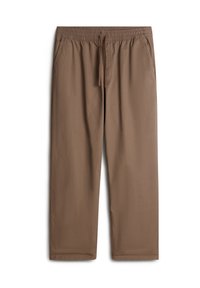 Bruine, lichtgewicht broek met een elastische tailleband en aantrekkoord, voorzien van twee zijzakken en een recht-pijpen ontwerp.