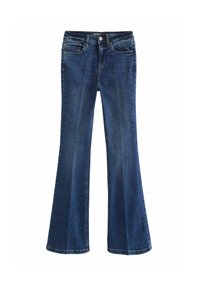 Jeans mit weitem Bein in einer mittleren blauen Waschung, ausgestattet mit einem normalen Taillenbund, Vordertaschen und einem leichten Farbverlauf für einen Texturkontrast.