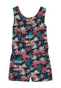 Ermeløs overalls i marineblåt stof med et tropisk palmetræsmønster i pink, teal og hvid. Elastisk talje og afslappet shorts-design.