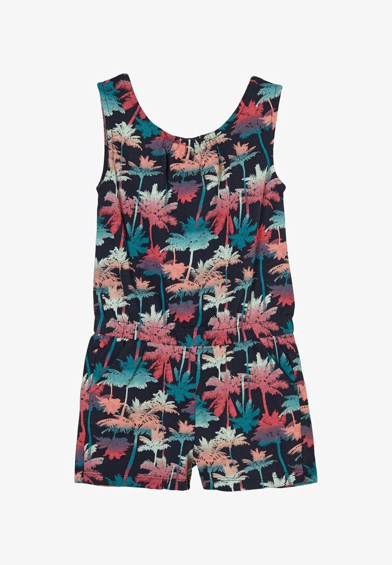 Ermeløs overalls i marineblåt stof med et tropisk palmetræsmønster i pink, teal og hvid. Elastisk talje og afslappet shorts-design.