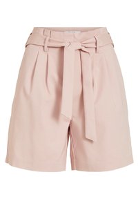 High-waist pink shorts with pleats and a wide fabric belt tied in a bow at the front.