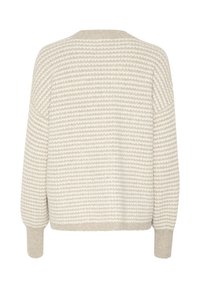 Beige and white striped knit sweater with long sleeves and ribbed cuffs, shown from the back on a white background.