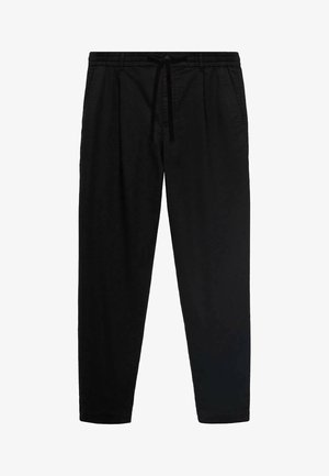 Pantaloni neri leggeri con vita elastica e coulisse regolabile. Presentano una vestibilità comoda e un design a gamba dritta.