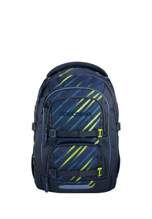 Sac à dos bleu marine et noir avec des rayures diagonales néon vert et bleu, plusieurs compartiments zippés et des sangles avant réglables.