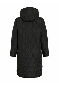 Μαύρο πλεκτό παλτό με κουκούλα, που διαθέτει κυματιστό μοτίβο και μακριά μανίκια, κατασκευασμένο από λείο, αδιάβροχο υλικό.