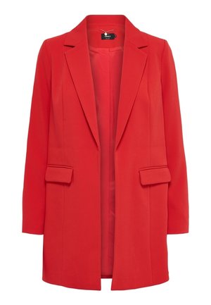 Długi czerwony żakiet z kołnierzem typu rewers, klapowatymi kieszeniami, otwartym przodem i gładką fakturą tkaniny.
