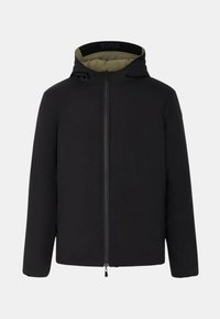 Giacca a vento nera con cappuccio, caratterizzata da un esterno liscio, chiusura frontale con cerniera e interno a contrasto color kaki.