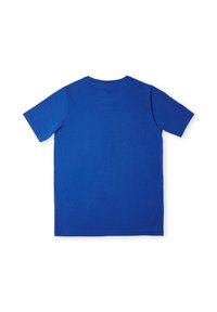 Blauw katoenen t-shirt met korte mouwen en een ronde halslijn. De stof lijkt glad, met een constante kleur overal.