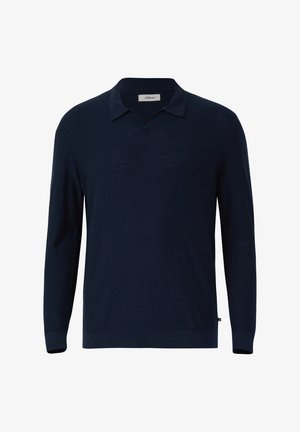 Marineblauer Langarmpullover mit Kragen und V-Ausschnitt, aus leichtem Strickstoff gefertigt.