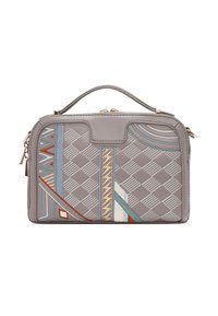 Grijze leren tas met een geometrisch patroon. Heeft multikleurige borduursels als accent en een handvat aan de bovenkant. Ritssluiting aan de bovenkant.