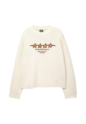 Crème-kleurige trui met een geribde zoom en manchetten, voorzien van een bruine grafische tekstontwerp met sterren over de borst.