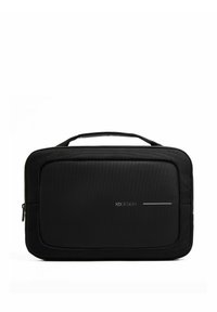 Black laptop bag with a textured exterior, top handle, and a zip closure. Features a minimalistic design with a subtle silver accent.