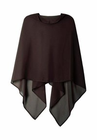 Prenda tipo poncho de color marrón oscuro, ligera, con cuello redondo y dobladillo asimétrico y fluido. Está confeccionada con una tela sheer y texturizada.