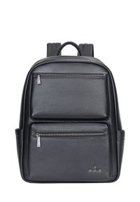 Zaino in pelle nera con due tasche frontali con cerniera, finitura testurizzata, spallacci imbottiti e manico superiore. Logo esposto sul davanti.