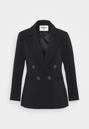 Black double-breasted blazer with a peak lapel, featuring two rows of metallic buttons, side pockets, and a smooth inner lining.