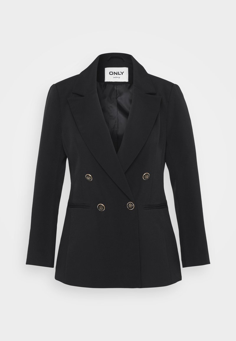 Schwarze doppelte Blazerjacke mit spitzem Revers, ausgestattet mit zwei Reihen metallischer Knöpfe, seitlichen Taschen und einem glatten Innenfutter.