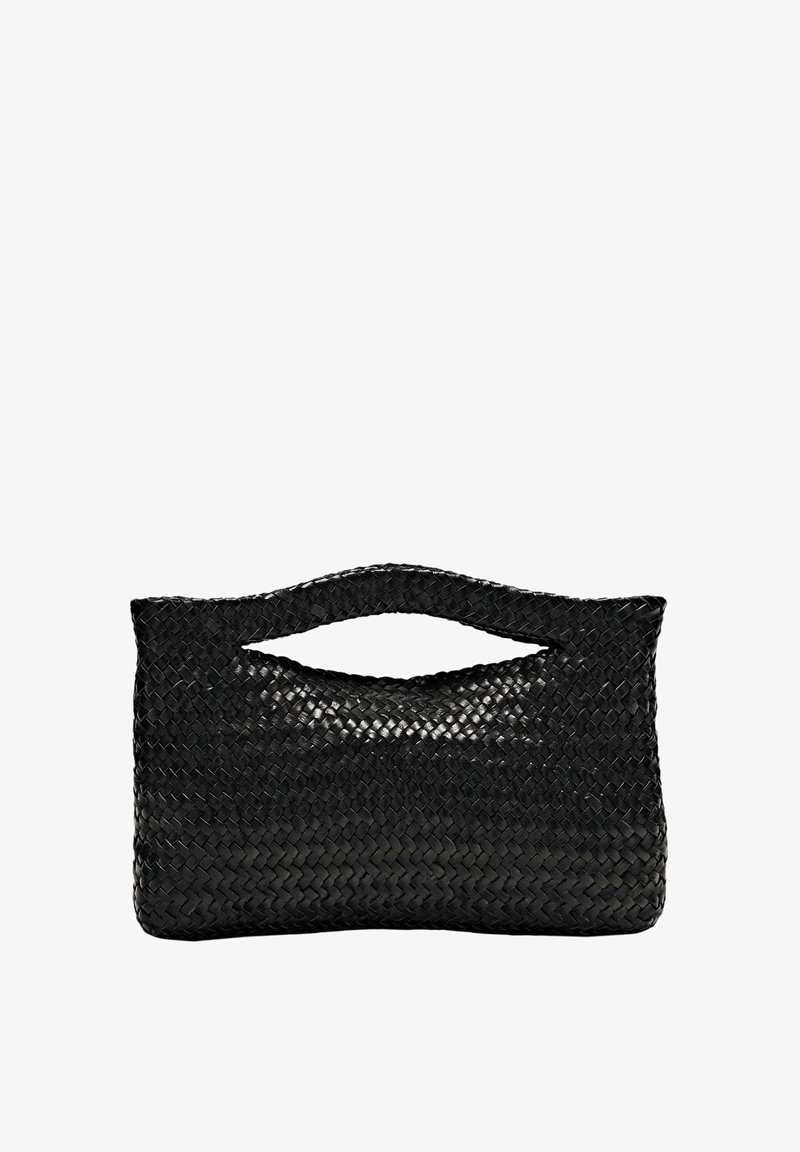 Borsa a tracolla nera intrecciata con forma rettangolare e manico a intaglio. Realizzata in materiale testurizzato, presenta un design senza soluzione di continuità e una forma strutturata.